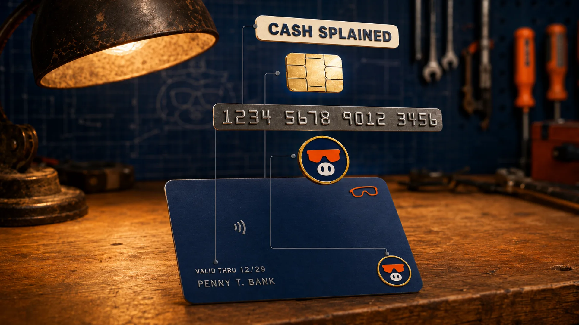 A Cash Splained credit card exploded into its labeled parts above a workbench