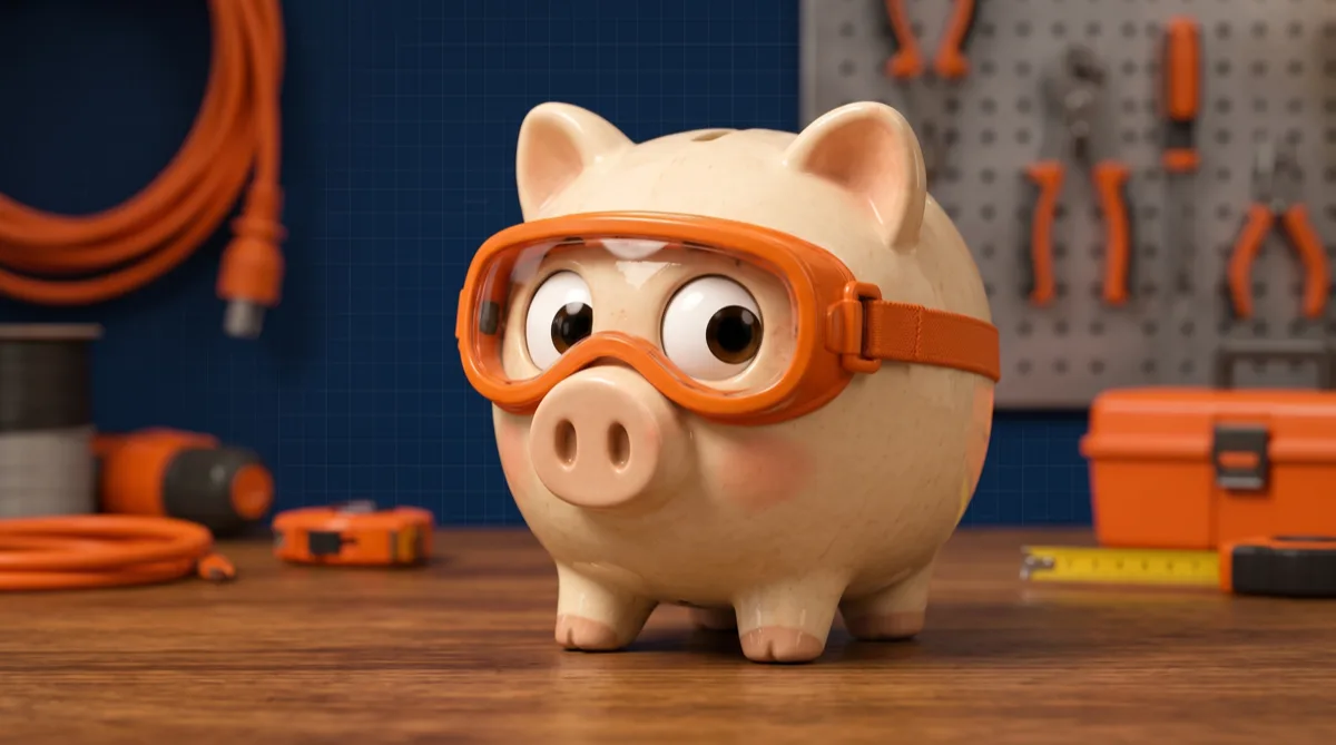 Penny — a cream ceramic piggy bank wearing orange safety goggles